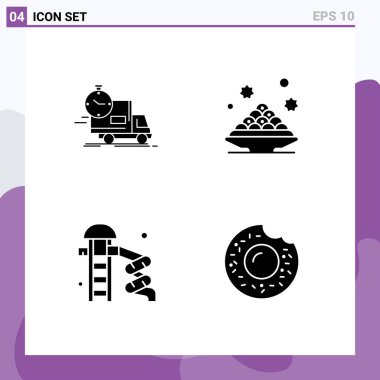 Mobil ve Uygulamalı Web siteleri için 4 Katı Glyph konsepti dağıtım, çanak, ulaşım, tatlı, kaydırılabilir düzenleyici vektör tasarım elementleri