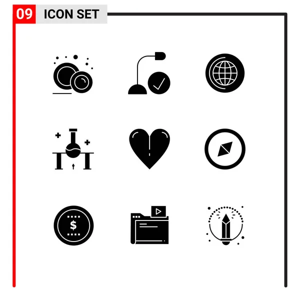 Interface Mobile Glyphe Solide Ensemble Pictogrammes Coeur Expérience Scientifique Matériel — Image vectorielle