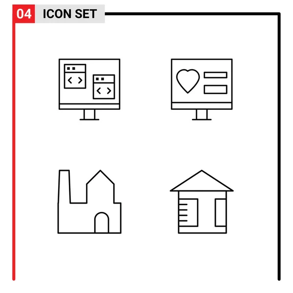 现代套件4套线平底色和符号 如应用程序 工厂烟囱可编辑向量设计元素 — 图库矢量图片