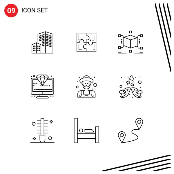 Ensemble Moderne Contours Pictogramme Fermier Prime Cube Moniteur Diamant Éléments — Image vectorielle