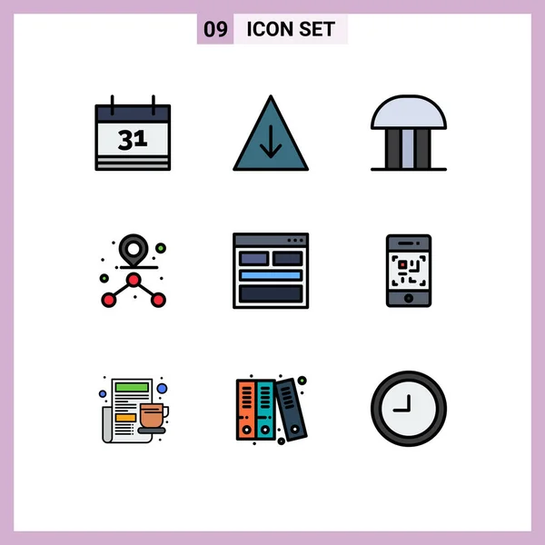 現代的な9つのファイルラインフラット色とフォーム 連絡先 裁判所の建物 パス編集可能なベクトルデザイン要素などのシンボルのセット — ストックベクタ