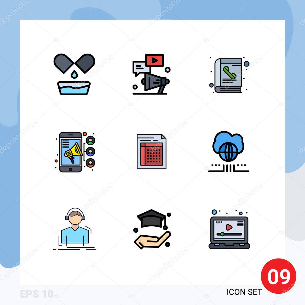 Filledline Flat Color Pack of 9 Universal Symbols of bill, contact, book, teamwork, connection Editable Vector Design Elements