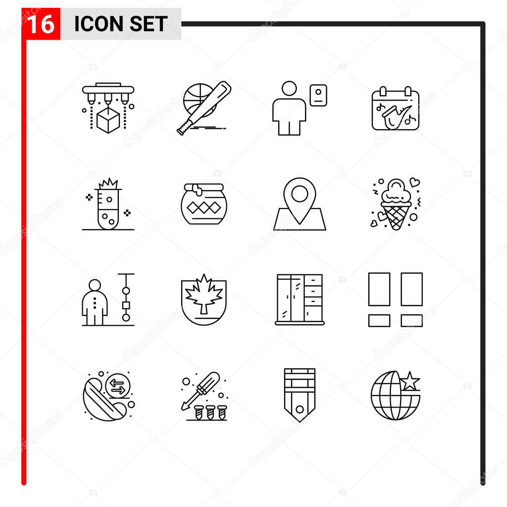 Stock Vector Icon Pack of 16 Line Signs and Symbols for alcoholic fermentation, play, avatar, music, profile Editable Vector Design Elements