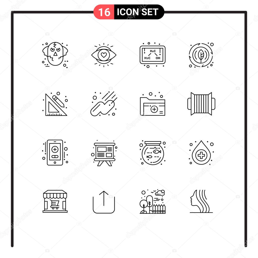 Set of 16 Modern UI Icons Symbols Signs for education, nature, light, leaf, study Editable Vector Design Elements