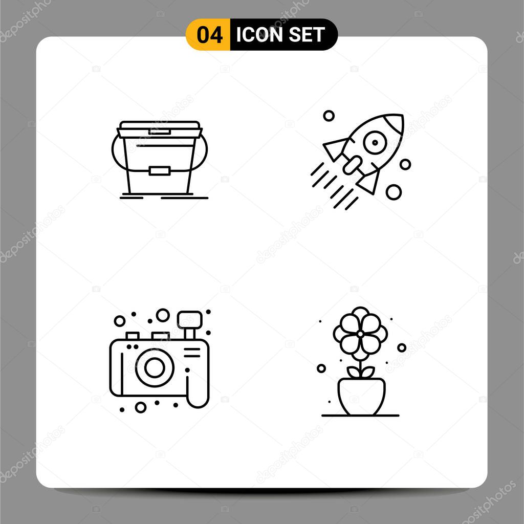 Mobile Interface Line Set of 4 Pictograms of bucket, camera, water, business, photography Editable Vector Design Elements