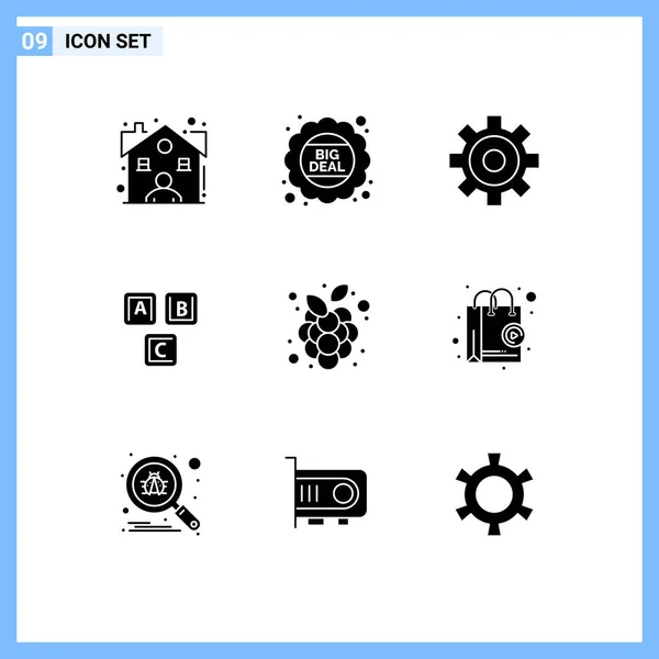 葡萄园 秋季水果 字母可编辑向量设计元素的9个通用符号的固体冰袋 — 图库矢量图片