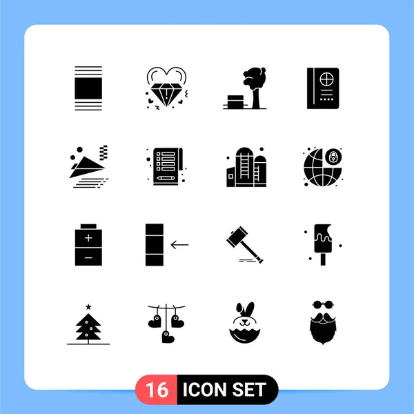 Mobile Interface Solid Glyph Set Pictograms Plane Airplane Bench Vacation — Stock Vector