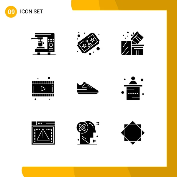 Modern Set Solid Glyphs Symbols Shoes Video Gift Movie Eid — Stock Vector