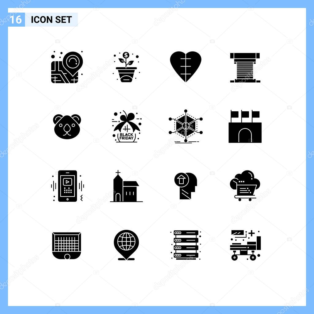 Mobile Interface Solid Glyph Set of 16 Pictograms of citysets, animal, human heart, fan, cooling Editable Vector Design Elements
