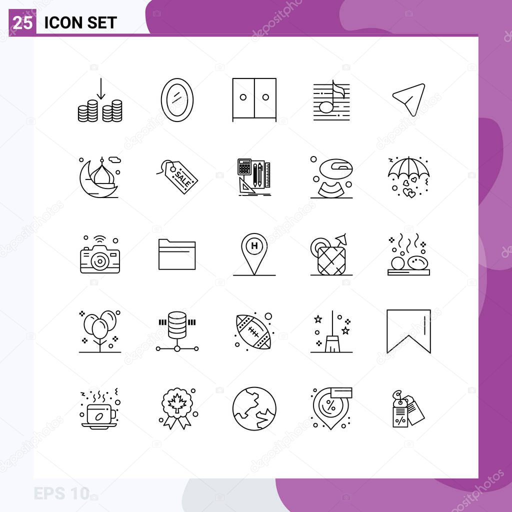 Set of 25 Modern UI Icons Symbols Signs for pin, media, furniture, sound, music Editable Vector Design Elements