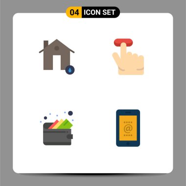 Binalar, para, sıcak, parmak, taşınabilir vektör tasarım elementleri gibi Web Yazdırma Ortamı için 4 Modern Düz Simge İşareti ve Sembolü Paketi