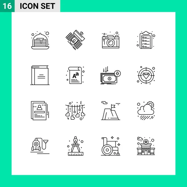 Symboles Icône Universelle Groupe Contours Modernes Livre Liste Appareil Photo — Image vectorielle