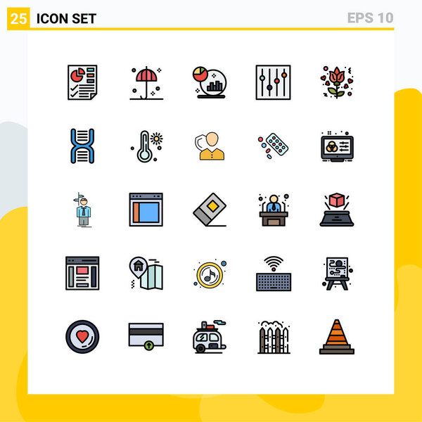 Pack of 25 Modern Filled line Flat Colors Signs and Symbols for Web Print Media such as rose, flower, analysis, tuning, controls Editable Vector Design Elements