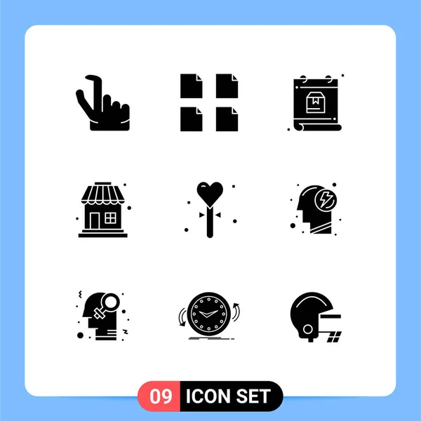 Set Commercial Solid Glyphs Csomag Bot Szív Menetrend Esemény Eladó — Stock Vector