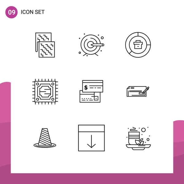 Set Vector Outlines Grid Card Processor Analysis Microchip Report Editable — Vector de stock