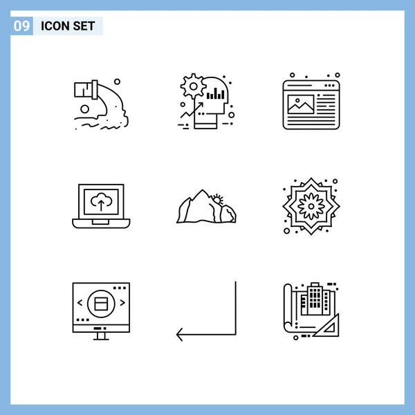 Ícones Criativos Sinais Modernos Símbolos Colina Upload Produto Laptop Elementos — Vetor de Stock