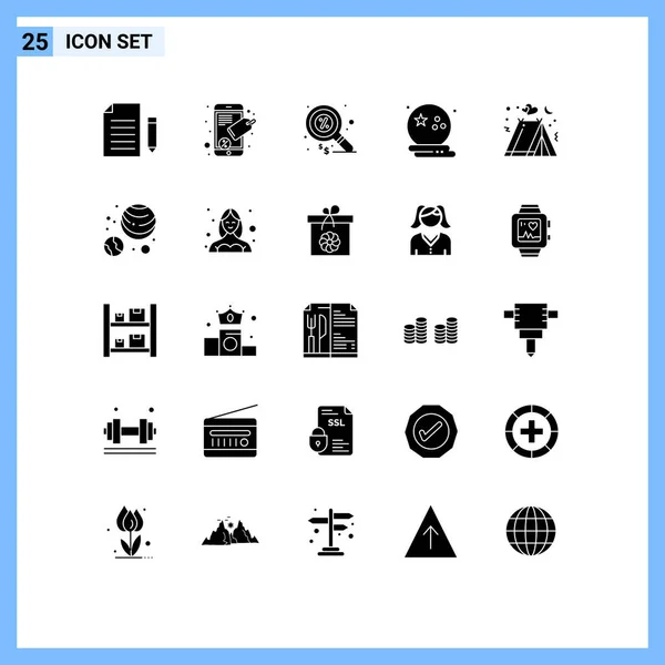 Set Vector Solid Glyphs Grid Camping Night Duty Moon Bat — Archivo Imágenes Vectoriales