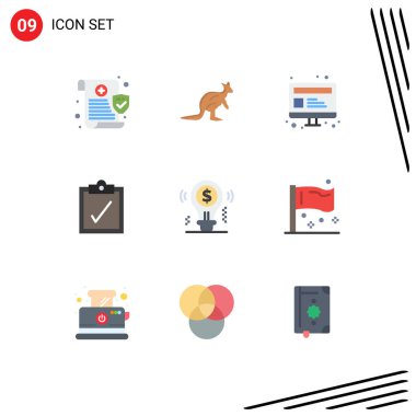 9 Düz Renkli Modern Set Ampul, Görev, Kanguru, Tam, Web Düzenlenebilir Vektör Tasarım Elementleri