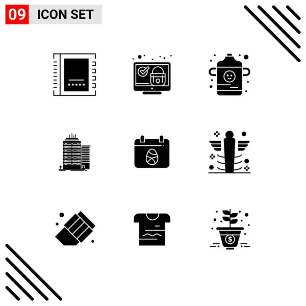 Set Modern Icons Sysymbols Signs Calender Office Check Skyscaper Infant — Vector de stock