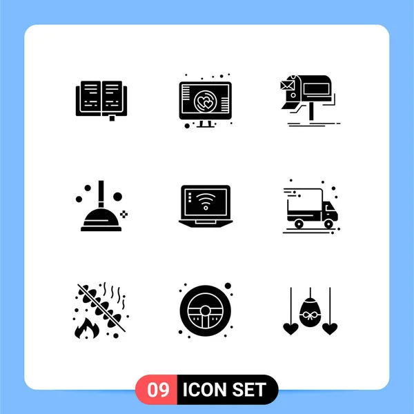 Modern Készlet Solid Glyphs Szimbólumok Mint Jel Laptop Mail Dugattyú — Stock Vector