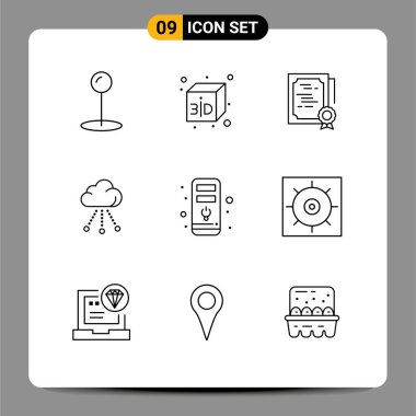 Evrensel Simge Sembolleri Grubu 9 Modern vites, donanım, diploma, işlemci, teknoloji Düzenlenebilir Vektör Tasarım Elementleri