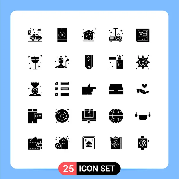 包含25个鸡尾酒 投影机可编辑矢量设计元素的通用符号的固态字形包 — 图库矢量图片
