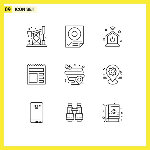 Pictogram Set Simple Outlines Pin Heart Home Network Bank Basic — Stock Vector