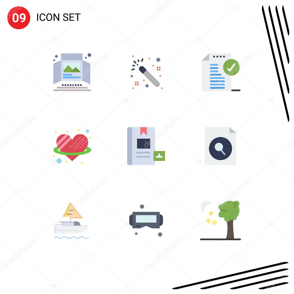 9 Flat Color concept for Websites Mobile and Apps book, love, approve, heart, office Editable Vector Design Elements