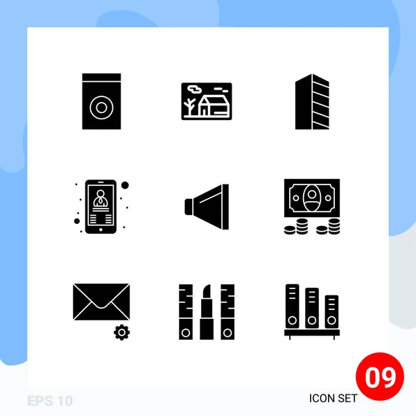 Modern Set Solid Glyphs Pictograph Sound User Buildings Phone Real — Stock Vector