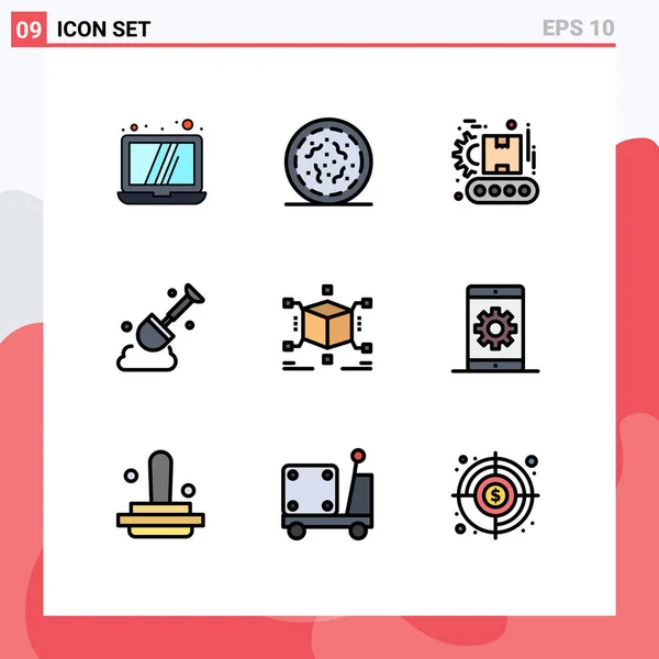 Set Modern Icons Sysymbols Signs Box Jigsaw Factory Cube Shovel — Vector de stock