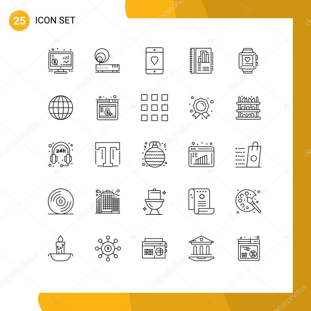 Line Pack of 25 Universal Symbols of handwatch, report, cellphone, annual report, mobile Editable Vector Design Elements