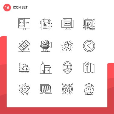 Sinema biletleri, mülk, ofis, sigorta, günlük düzenlenebilir vektör tasarım elementleri gibi 16 Özet ve sembolden oluşan modern set
