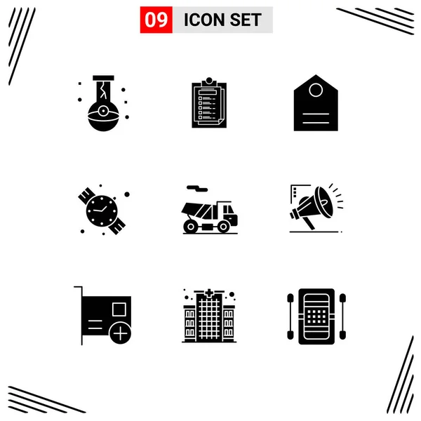 Moderno Set Glyphs Sólido Pictograph Transporte Bicicleta Archivo Reloj Mano — Vector de stock