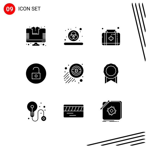 Set Commercial Solid Glyphs Pack Economy Money Kit Bitcoin Media — Stock Vector