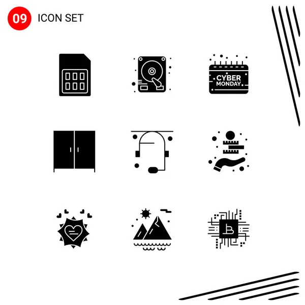 Moderno Set Glyphs Sólido Pictograph Conversación Armario Calendario Interior Signo — Vector de stock