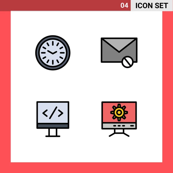 Moderno Set Filledline Flat Colors Pictograph Reloj Monitor Sobre Sms — Vector de stock