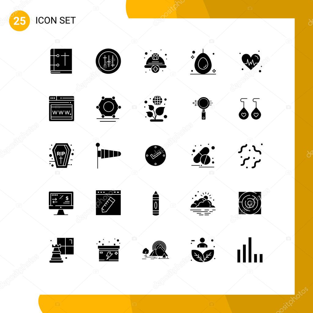 25 Universal Solid Glyphs Set for Web and Mobile Applications heart, fruit, add, food, labour Editable Vector Design Elements