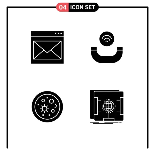 4つの現代的な固体グリフのグループ通信 電子メール 携帯電話 科学のためのセット編集可能なベクトル設計要素 — ストックベクタ