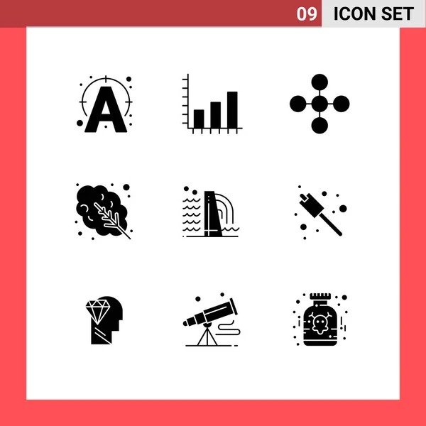 Set Vector Solid Glyphs Grid Factory Building Central Food Leaves — Archivo Imágenes Vectoriales