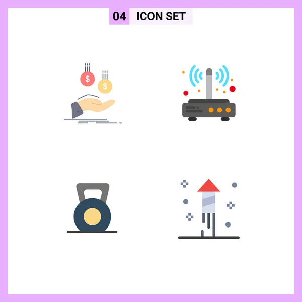 Set Commercial Flat Icons Pack Coins Wireless Payment Router Fitness — Stock Vector