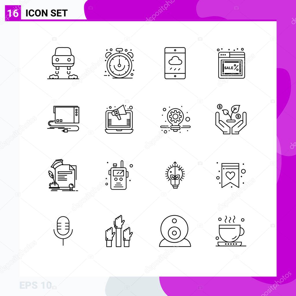 16 Universal Outlines Set for Web and Mobile Applications audio, online, smartphone, monday, web Editable Vector Design Elements