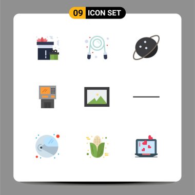 9 Kullanıcı Arayüzü Modern İşaretler ve Semboller Düz Renk Paketi Makine, dağıtıcı, gezegen, nakit para birimi, bankomat Düzenlenebilir Vektör Tasarım Elemanları