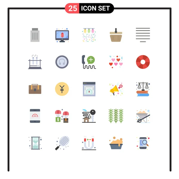 25個の現代的なフラットカラーのパッケージウェブプリントメディア用の記号と記号 アラインメント シェーピング カート ストリングなど 編集可能なベクトルデザイン要素 — ストックベクタ