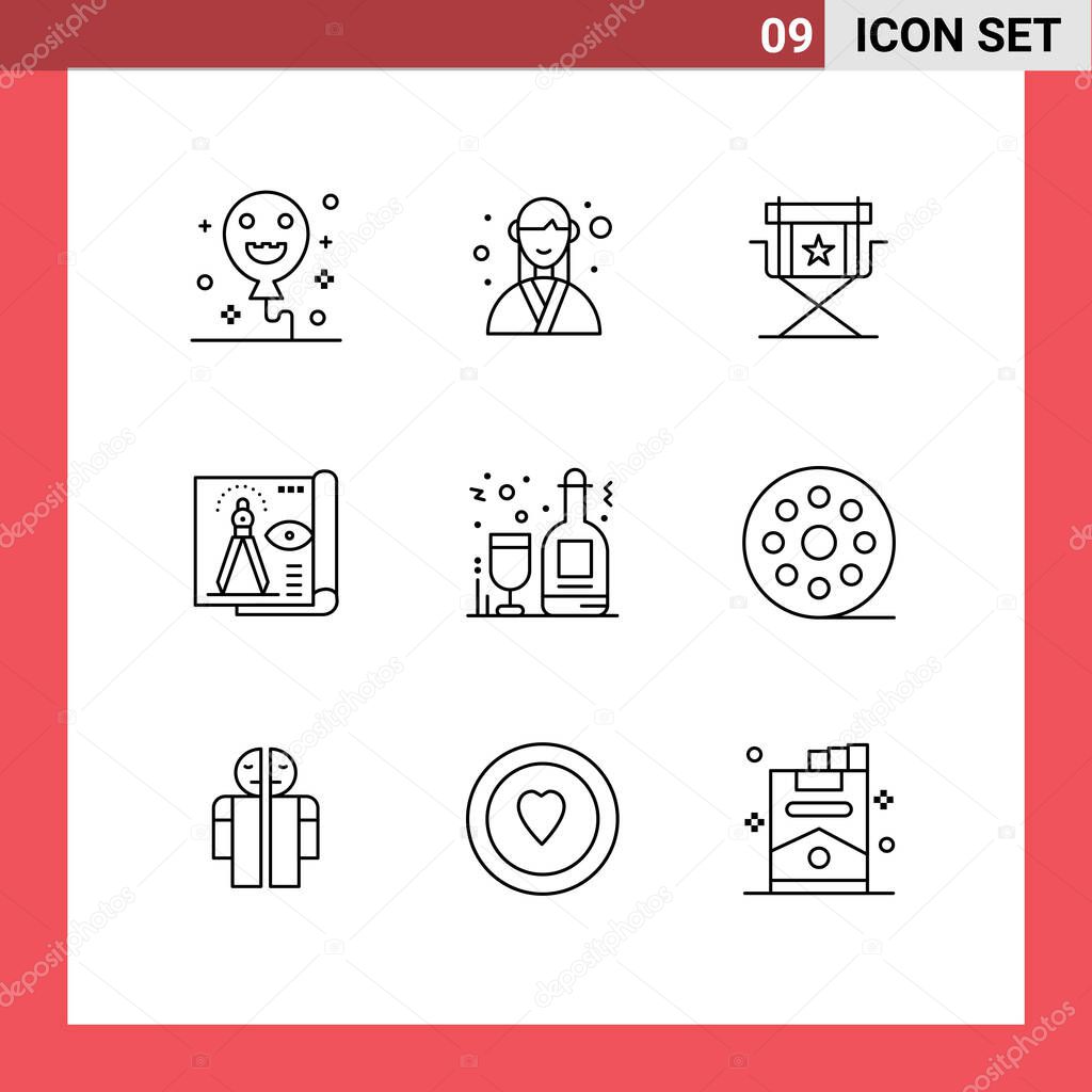 Set of 9 Vector Outlines on Grid for blue print, file, chair, document, television Editable Vector Design Elements