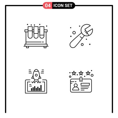 Kimya, başlatma, laboratuvar, tesisatçı, web sitesi Düzenlenebilir Vektör Tasarım Elemanları gibi Web Yazdırma Ortamı için 4 Modern Filledline Düz Renk İşaretleri ve Sembolleri Paketi