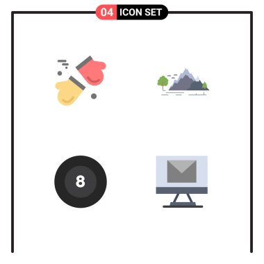 4 Evrensel Alp, ağaç, eldiven, peyzaj, bilardo düzenlenebilir vektör tasarım elementlerinden oluşan Düz Simge Paketi