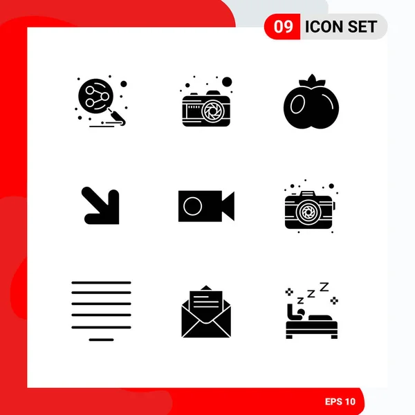 Solid Glyph Pack Simboli Universali Foto Video Pomodoro Record Destra — Vettoriale Stock