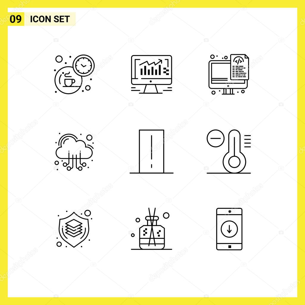 Editable Vector Line Pack of 9 Simple Outlines of device, web, coding, server, cloud Editable Vector Design Elements