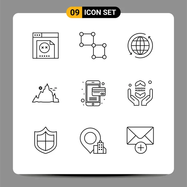 Mobile Interface Outline Set Pictograms Card Nature Globe Hill Mountain — Stock Vector