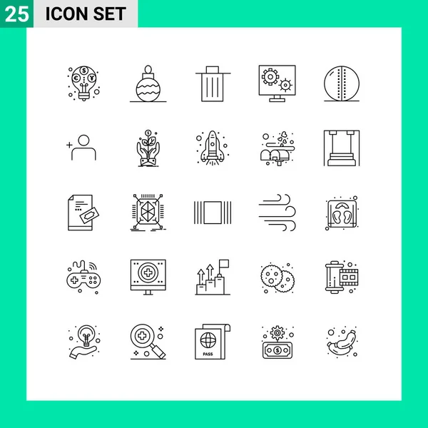 ユニバーサルアイコンシンボル25個の現代的なクリケットボールのラインのグループ されています 構成編集可能なベクトルデザイン要素 — ストックベクタ